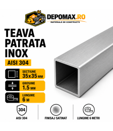 Teava patrata inox satinata AISI 304, 35 x 35 x 1.5 mm, 6 metri
